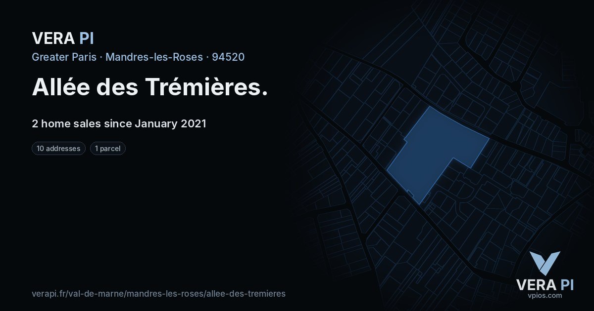 Allée des Trémières, Mandres-les-Roses at night – every parcel coloured by the prices around it, the street's own parcels lit