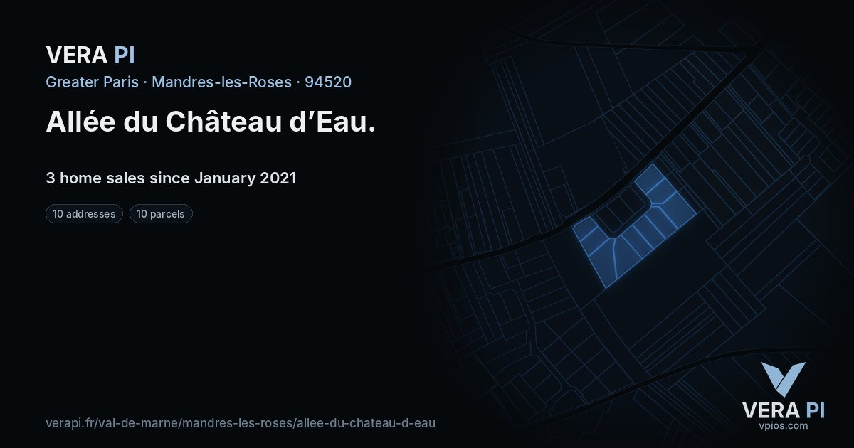 Allée du Château d’Eau, Mandres-les-Roses at night – every parcel coloured by the prices around it, the street's own parcels lit