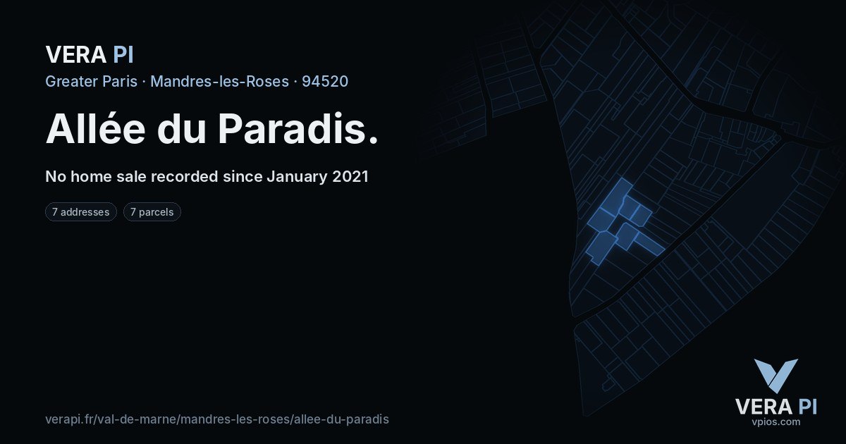 Allée du Paradis, Mandres-les-Roses at night – every parcel coloured by the prices around it, the street's own parcels lit