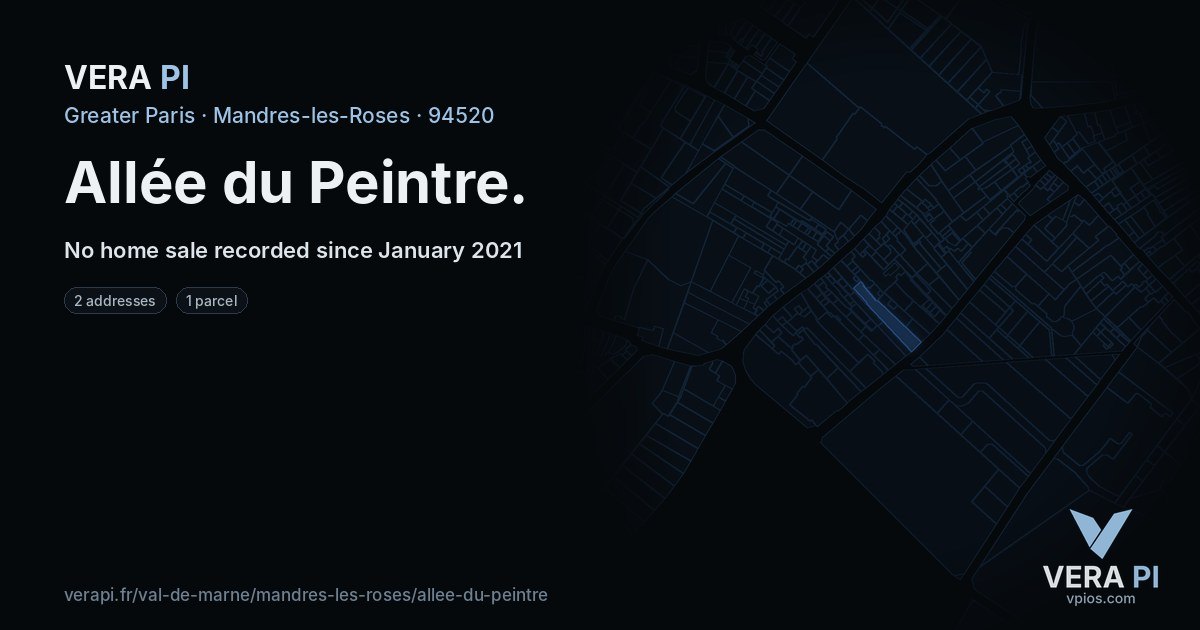 Allée du Peintre, Mandres-les-Roses at night – every parcel coloured by the prices around it, the street's own parcels lit
