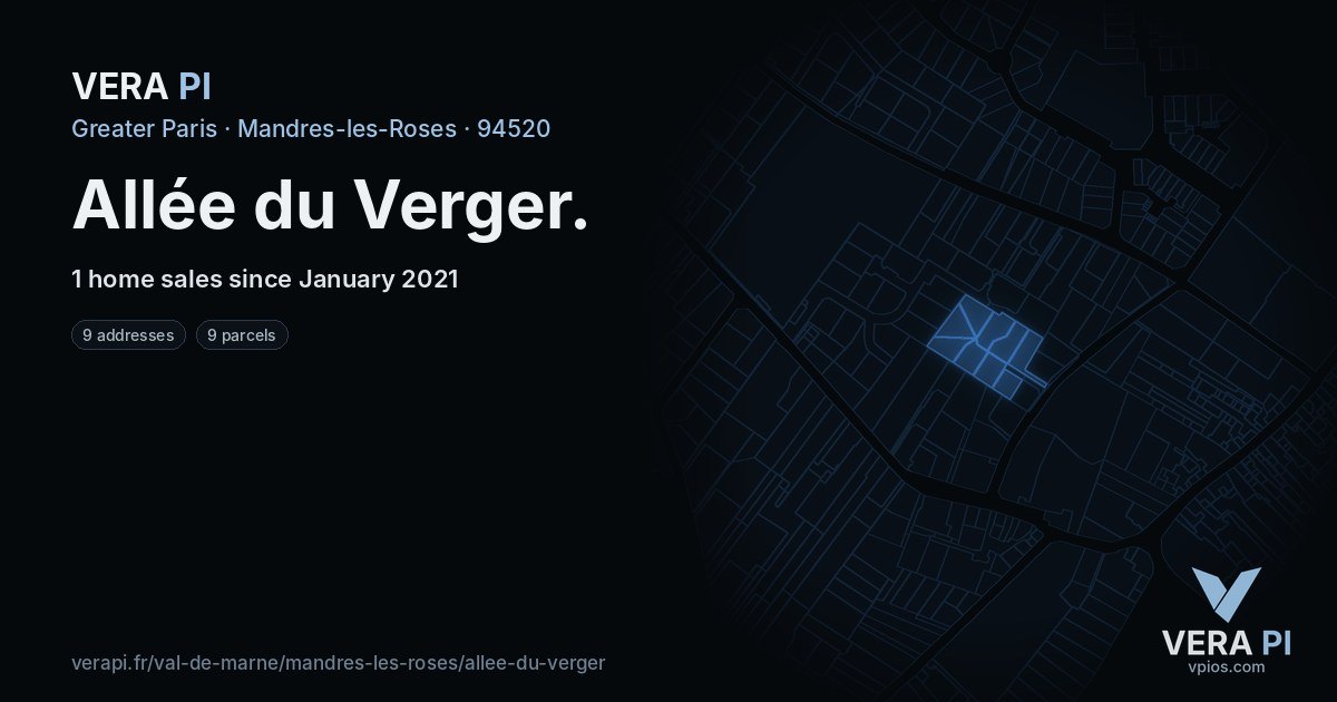 Allée du Verger, Mandres-les-Roses at night – every parcel coloured by the prices around it, the street's own parcels lit