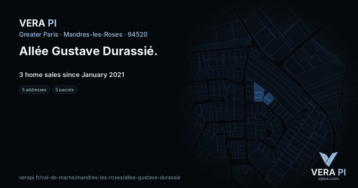 Allée Gustave Durassié, Mandres-les-Roses at night – every parcel coloured by the prices around it, the street's own parcels lit