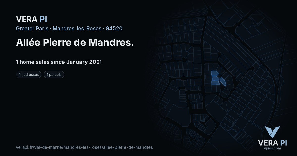 Allée Pierre de Mandres, Mandres-les-Roses at night – every parcel coloured by the prices around it, the street's own parcels lit