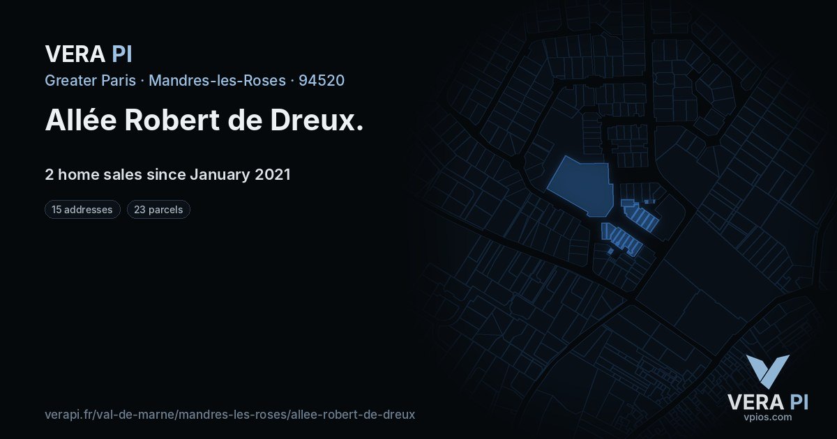 Allée Robert de Dreux, Mandres-les-Roses at night – every parcel coloured by the prices around it, the street's own parcels lit