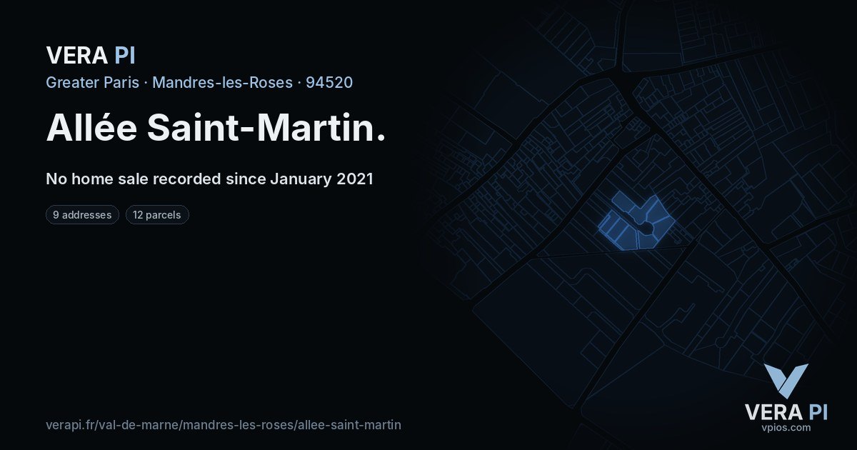 Allée Saint-Martin, Mandres-les-Roses at night – every parcel coloured by the prices around it, the street's own parcels lit