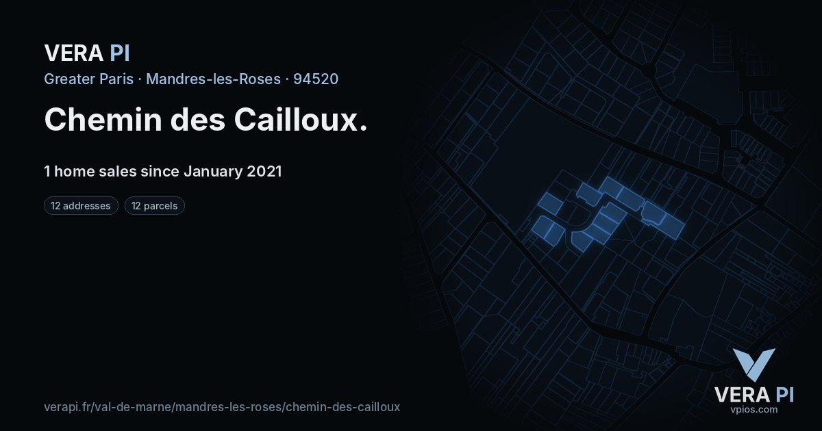 Chemin des Cailloux, Mandres-les-Roses at night – every parcel coloured by the prices around it, the street's own parcels lit