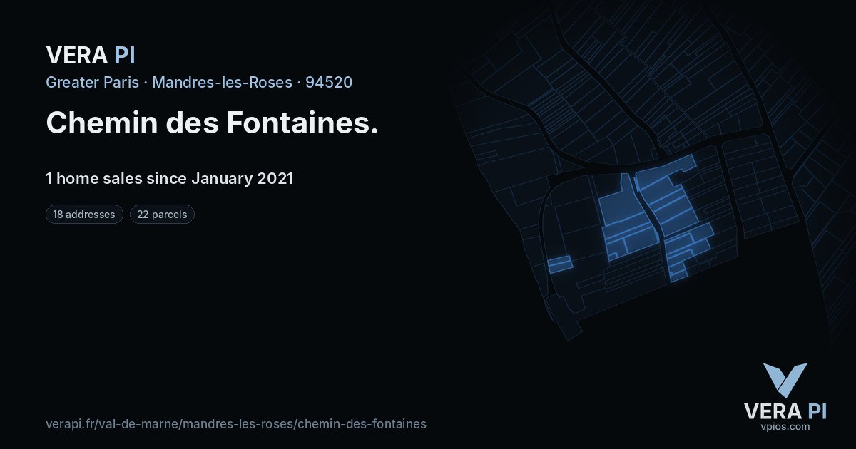 Chemin des Fontaines, Mandres-les-Roses at night – every parcel coloured by the prices around it, the street's own parcels lit