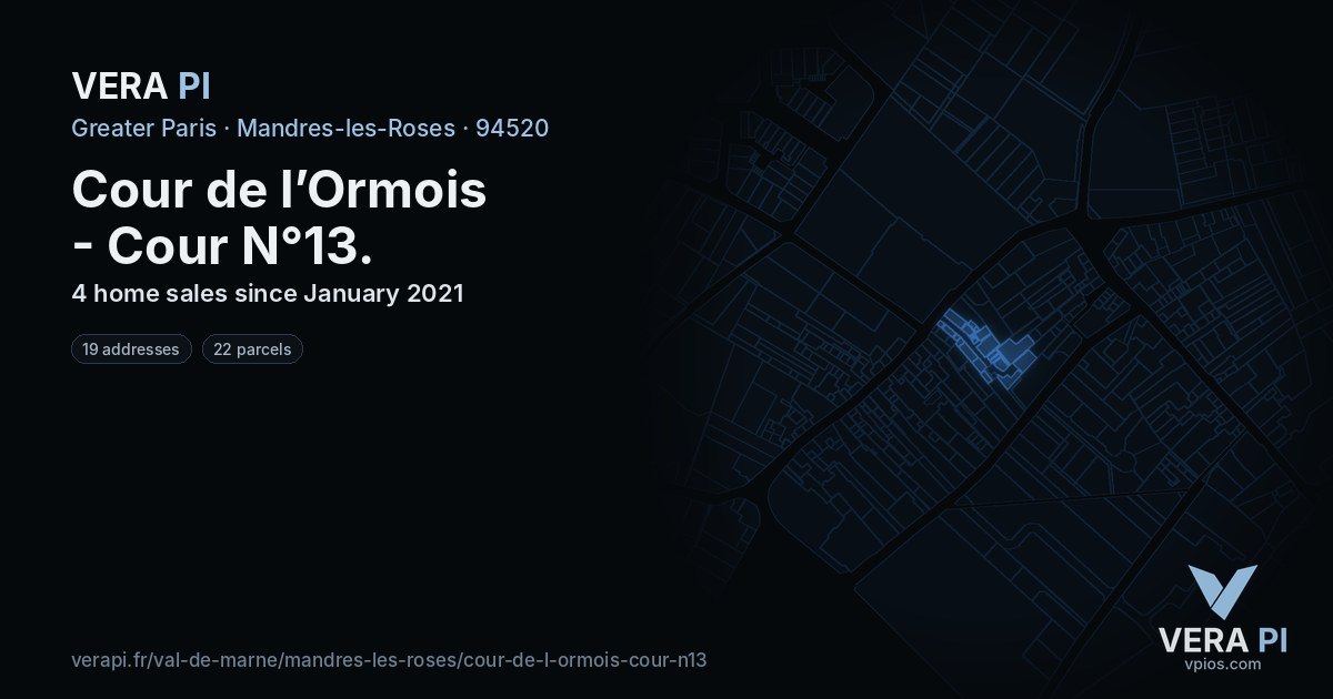 Cour de l’Ormois - Cour N°13, Mandres-les-Roses at night – every parcel coloured by the prices around it, the street's own parcels lit