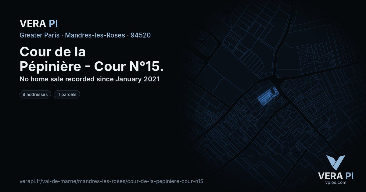 Cour de la Pépinière - Cour N°15, Mandres-les-Roses at night – every parcel coloured by the prices around it, the street's own parcels lit