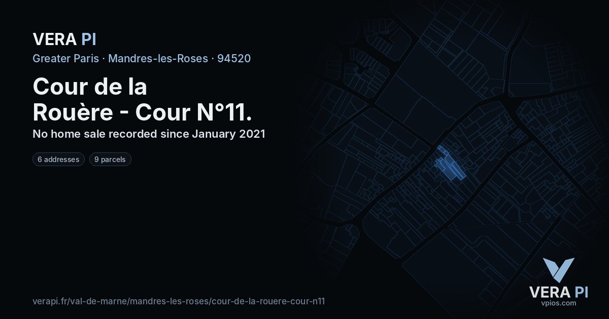 Cour de la Rouère - Cour N°11, Mandres-les-Roses at night – every parcel coloured by the prices around it, the street's own parcels lit
