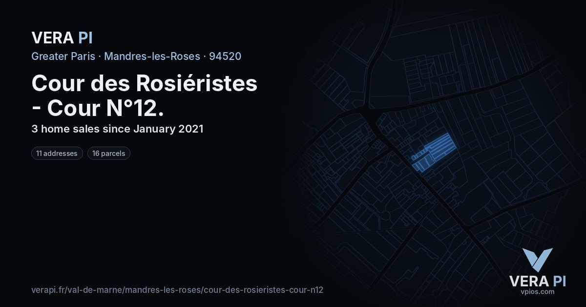 Cour des Rosiéristes - Cour N°12, Mandres-les-Roses at night – every parcel coloured by the prices around it, the street's own parcels lit