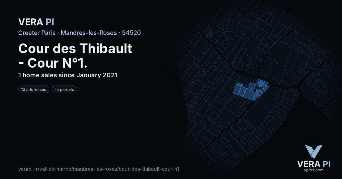 Cour des Thibault - Cour N°1, Mandres-les-Roses at night – every parcel coloured by the prices around it, the street's own parcels lit