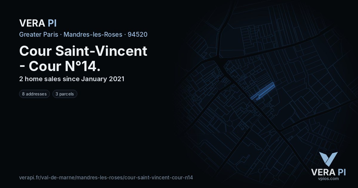 Cour Saint-Vincent - Cour N°14, Mandres-les-Roses at night – every parcel coloured by the prices around it, the street's own parcels lit
