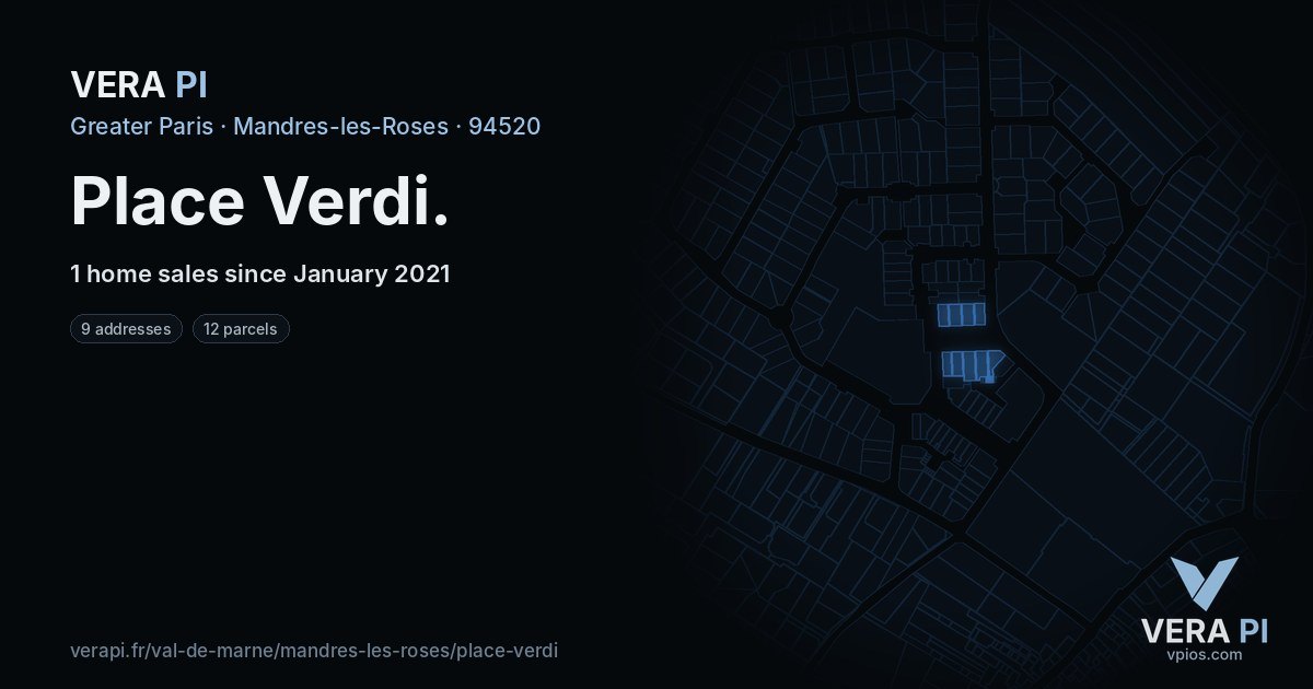 Place Verdi, Mandres-les-Roses at night – every parcel coloured by the prices around it, the street's own parcels lit