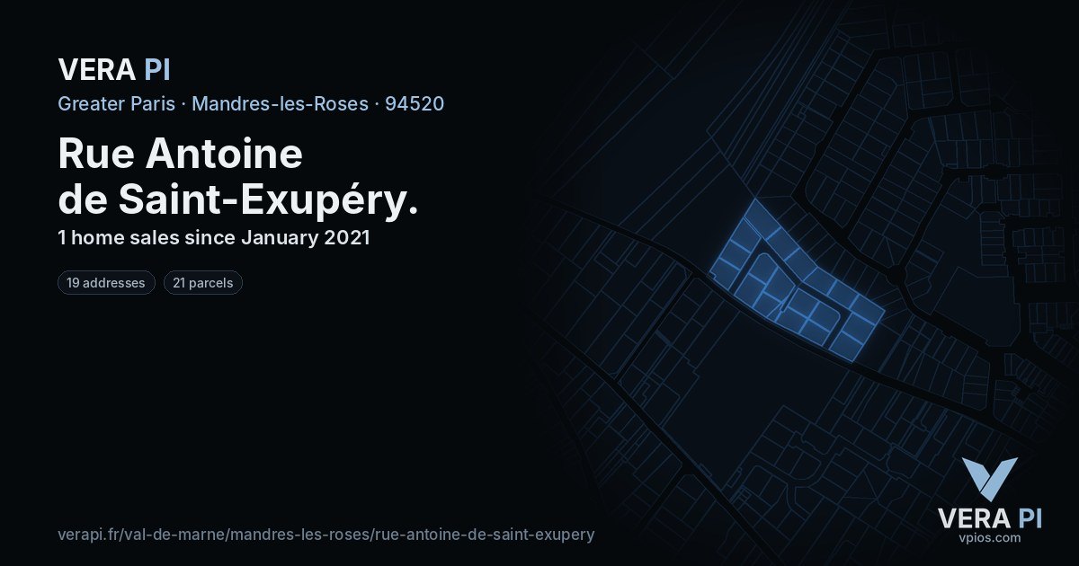Rue Antoine de Saint-Exupéry, Mandres-les-Roses at night – every parcel coloured by the prices around it, the street's own parcels lit
