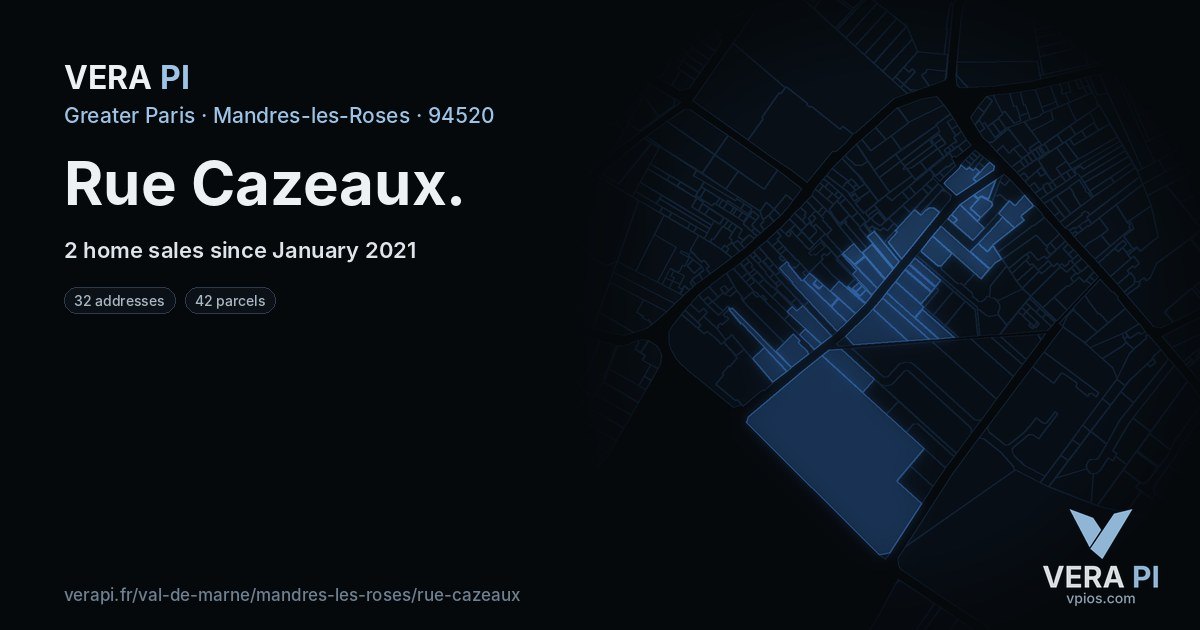 Rue Cazeaux, Mandres-les-Roses at night – every parcel coloured by the prices around it, the street's own parcels lit