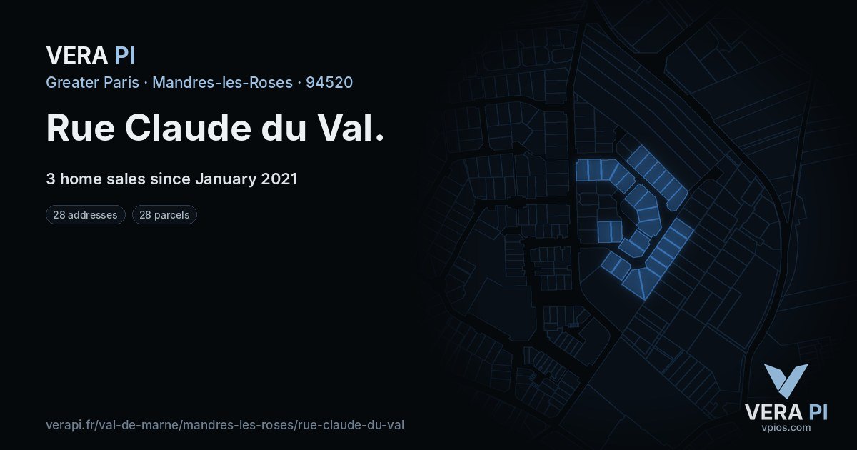 Rue Claude du Val, Mandres-les-Roses at night – every parcel coloured by the prices around it, the street's own parcels lit