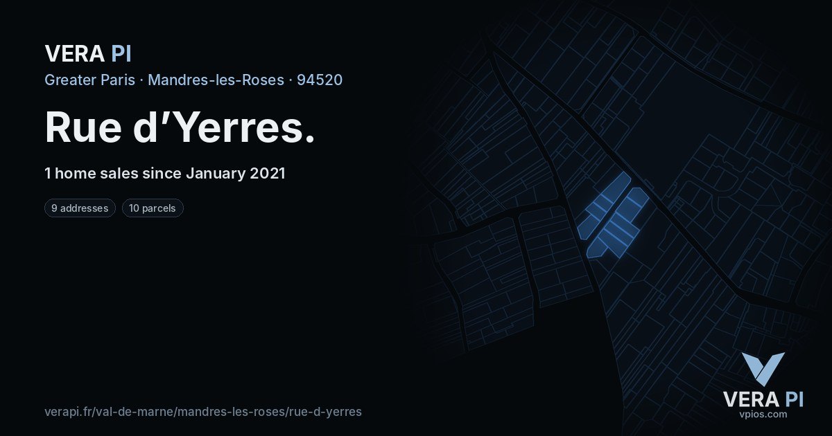 Rue d’Yerres, Mandres-les-Roses at night – every parcel coloured by the prices around it, the street's own parcels lit