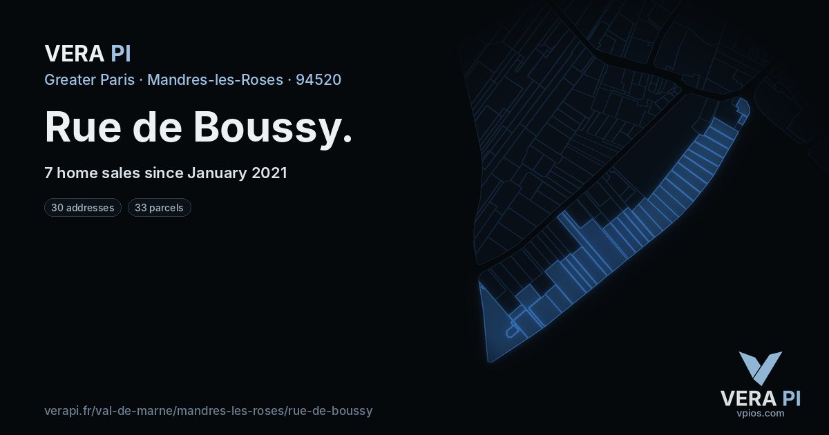 Rue de Boussy, Mandres-les-Roses at night – every parcel coloured by the prices around it, the street's own parcels lit
