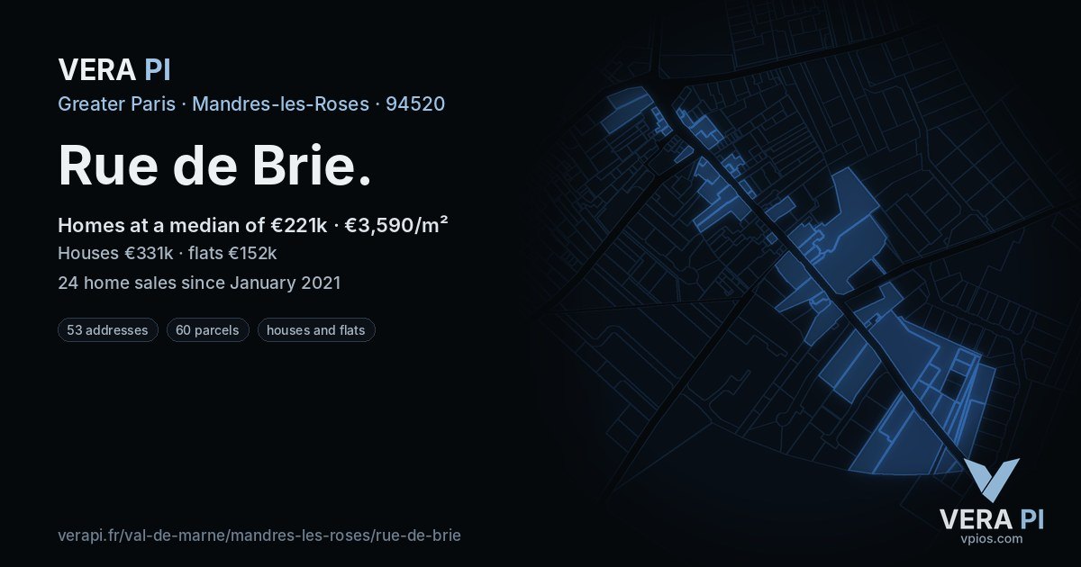 Rue de Brie, Mandres-les-Roses at night – every parcel coloured by the prices around it, the street's own parcels lit
