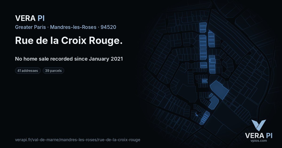 Rue de la Croix Rouge, Mandres-les-Roses at night – every parcel coloured by the prices around it, the street's own parcels lit