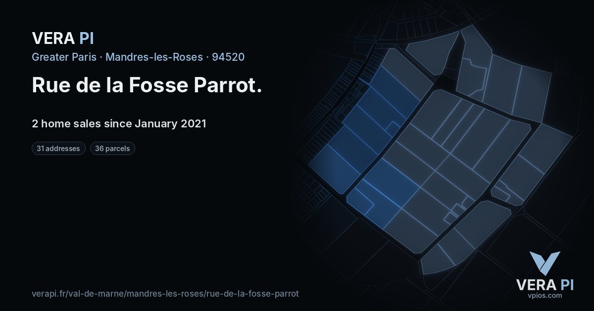 Rue de la Fosse Parrot, Mandres-les-Roses at night – every parcel coloured by the prices around it, the street's own parcels lit