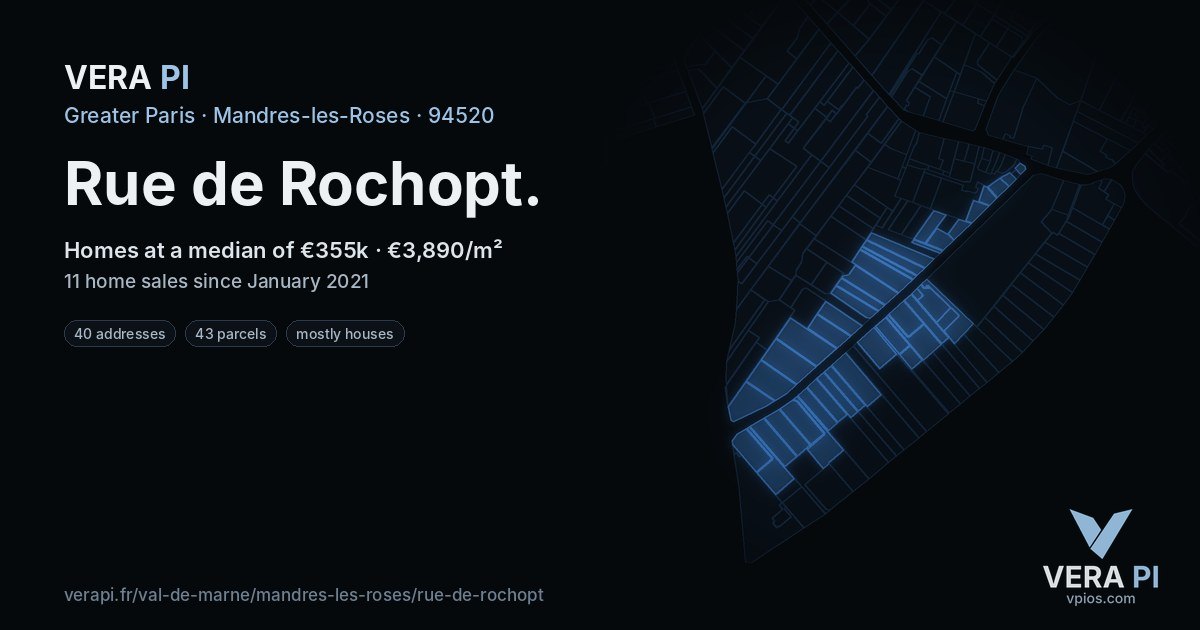 Rue de Rochopt, Mandres-les-Roses at night – every parcel coloured by the prices around it, the street's own parcels lit