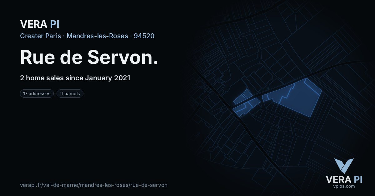 Rue de Servon, Mandres-les-Roses at night – every parcel coloured by the prices around it, the street's own parcels lit