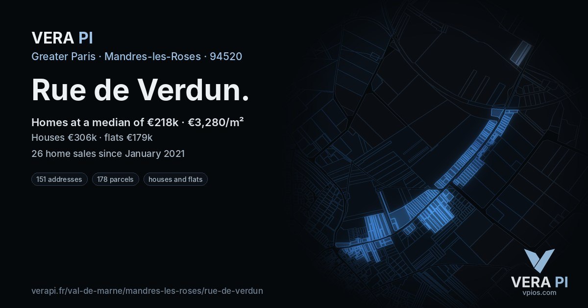 Rue de Verdun, Mandres-les-Roses at night – every parcel coloured by the prices around it, the street's own parcels lit