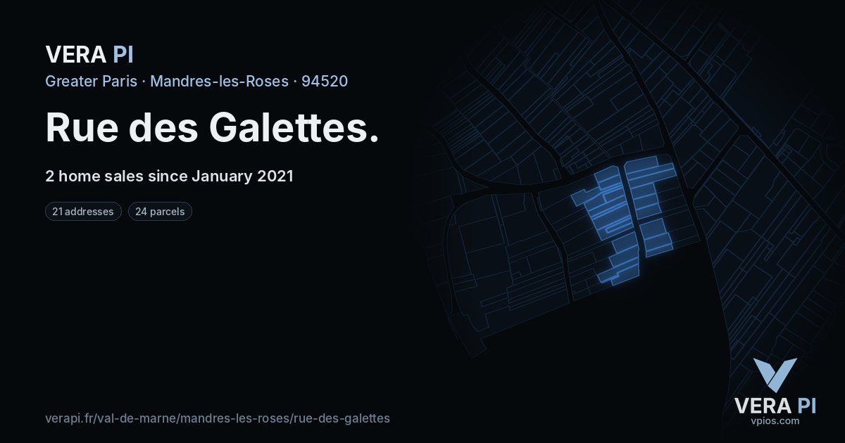 Rue des Galettes, Mandres-les-Roses at night – every parcel coloured by the prices around it, the street's own parcels lit