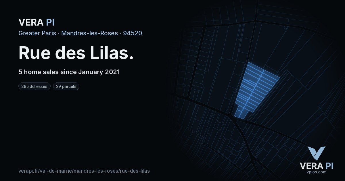 Rue des Lilas, Mandres-les-Roses at night – every parcel coloured by the prices around it, the street's own parcels lit