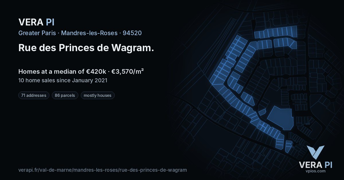 Rue des Princes de Wagram, Mandres-les-Roses at night – every parcel coloured by the prices around it, the street's own parcels lit