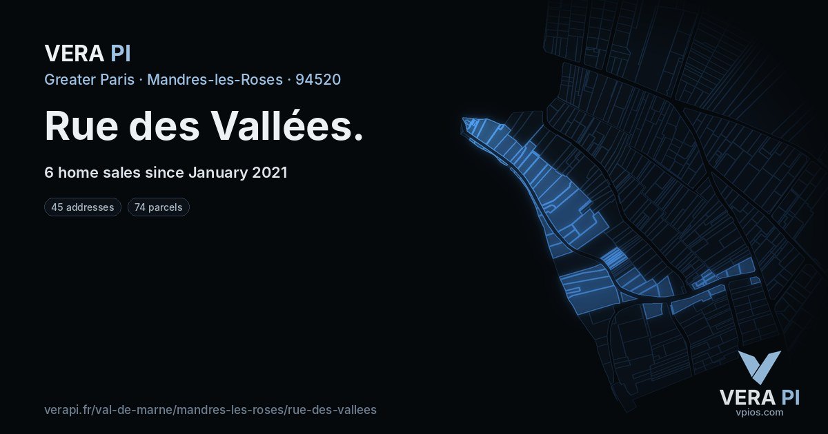 Rue des Vallées, Mandres-les-Roses at night – every parcel coloured by the prices around it, the street's own parcels lit