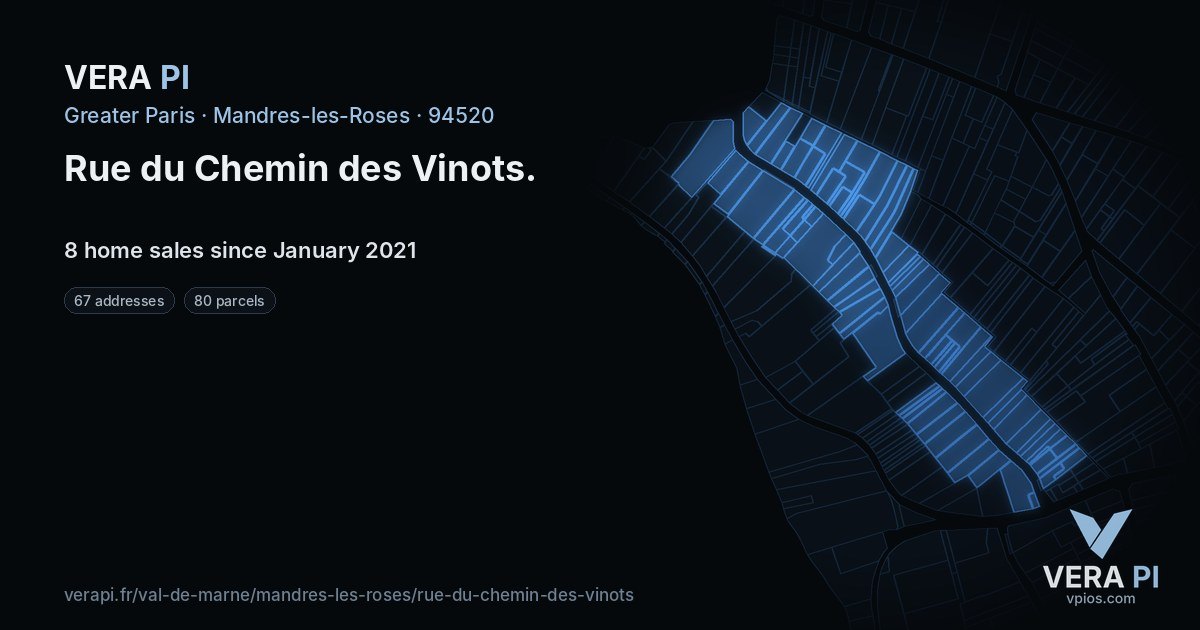 Rue du Chemin des Vinots, Mandres-les-Roses at night – every parcel coloured by the prices around it, the street's own parcels lit