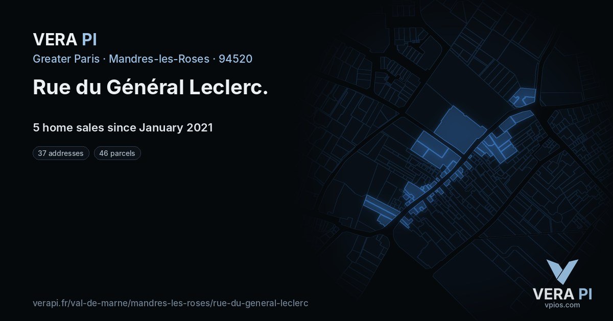 Rue du Général Leclerc, Mandres-les-Roses at night – every parcel coloured by the prices around it, the street's own parcels lit