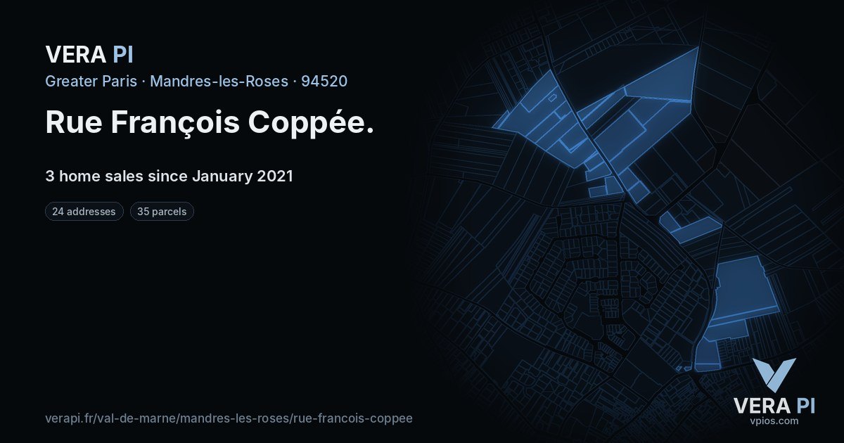 Rue François Coppée, Mandres-les-Roses at night – every parcel coloured by the prices around it, the street's own parcels lit