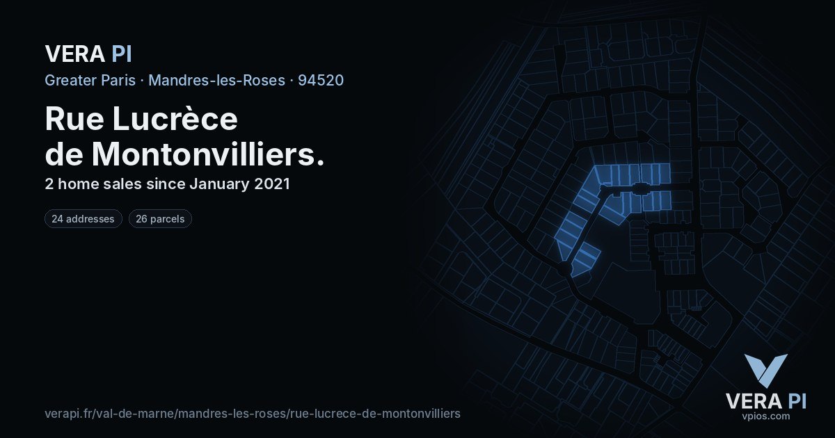 Rue Lucrèce de Montonvilliers, Mandres-les-Roses at night – every parcel coloured by the prices around it, the street's own parcels lit