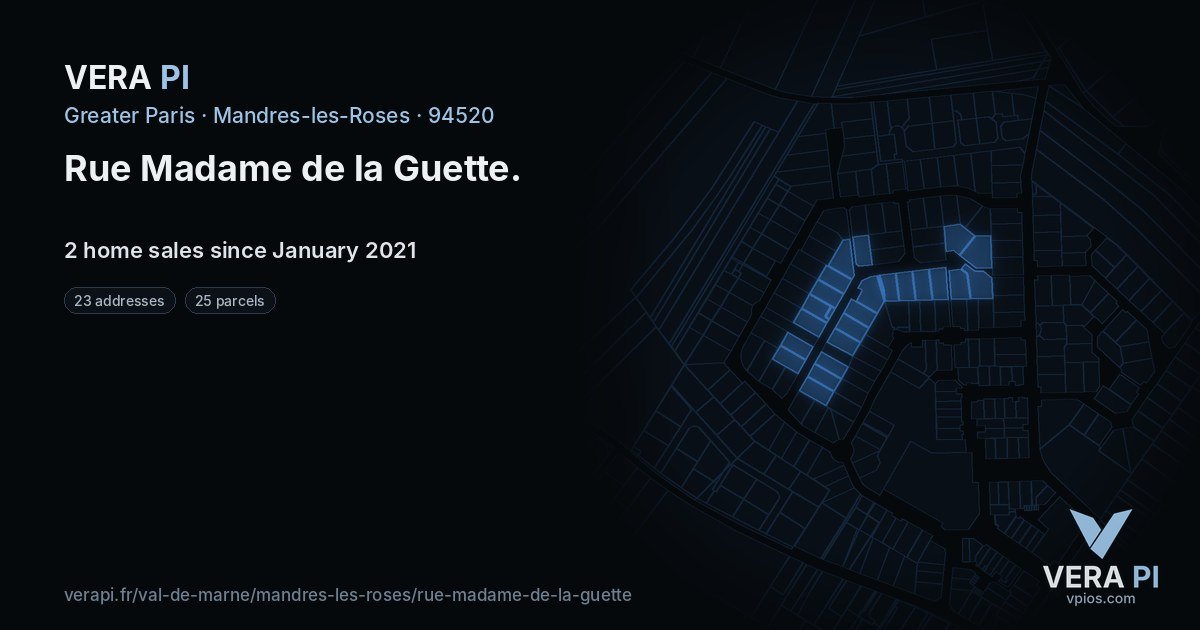 Rue Madame de la Guette, Mandres-les-Roses at night – every parcel coloured by the prices around it, the street's own parcels lit