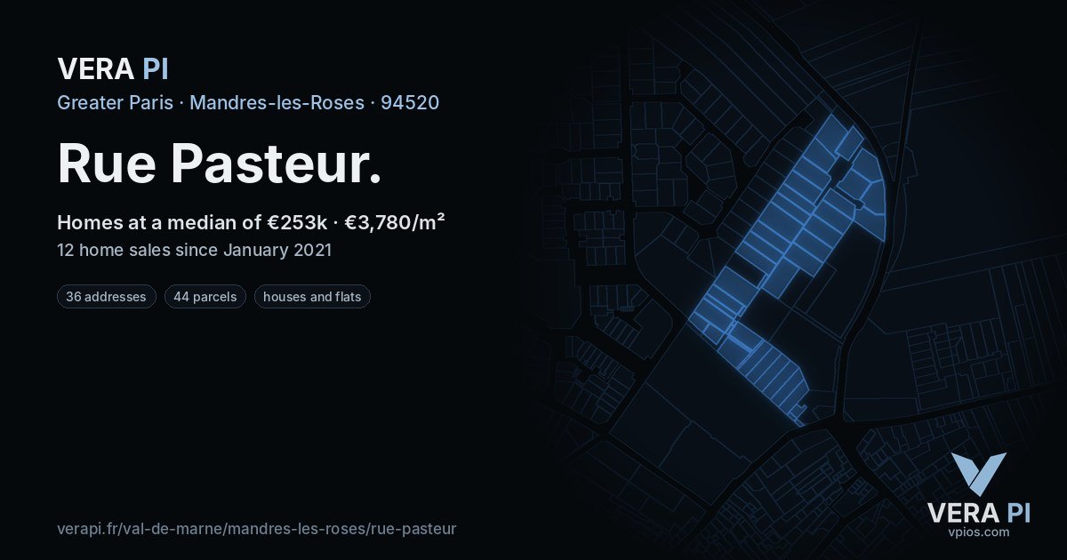 Rue Pasteur, Mandres-les-Roses at night – every parcel coloured by the prices around it, the street's own parcels lit
