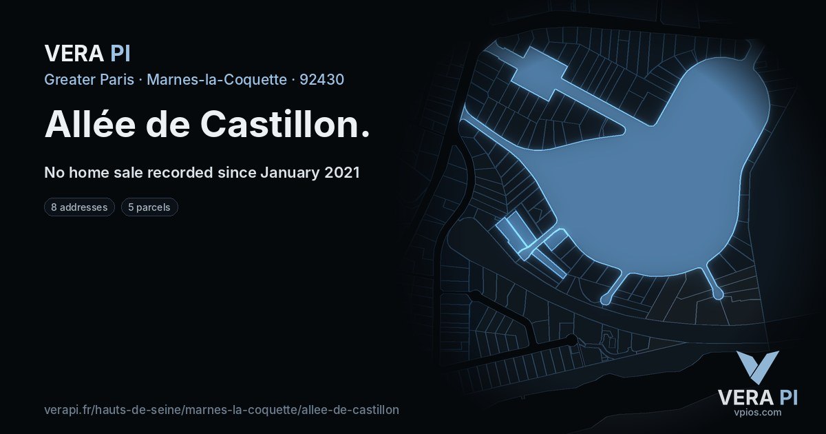 Allée de Castillon, Marnes-la-Coquette at night – every parcel coloured by the prices around it, the street's own parcels lit