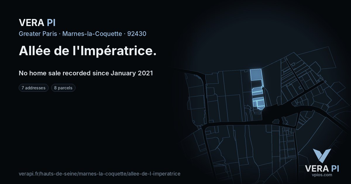 Allée de l'Impératrice, Marnes-la-Coquette at night – every parcel coloured by the prices around it, the street's own parcels lit