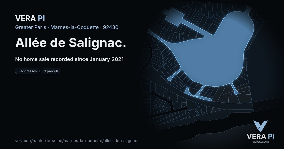 Allée de Salignac, Marnes-la-Coquette at night – every parcel coloured by the prices around it, the street's own parcels lit