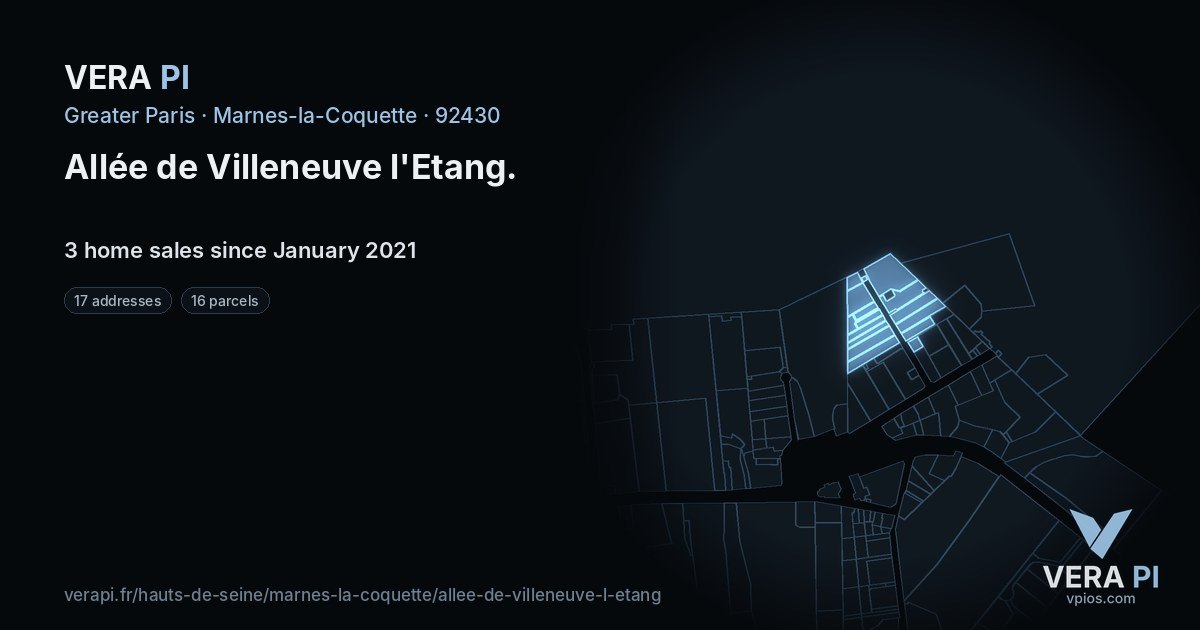 Allée de Villeneuve l'Etang, Marnes-la-Coquette at night – every parcel coloured by the prices around it, the street's own parcels lit