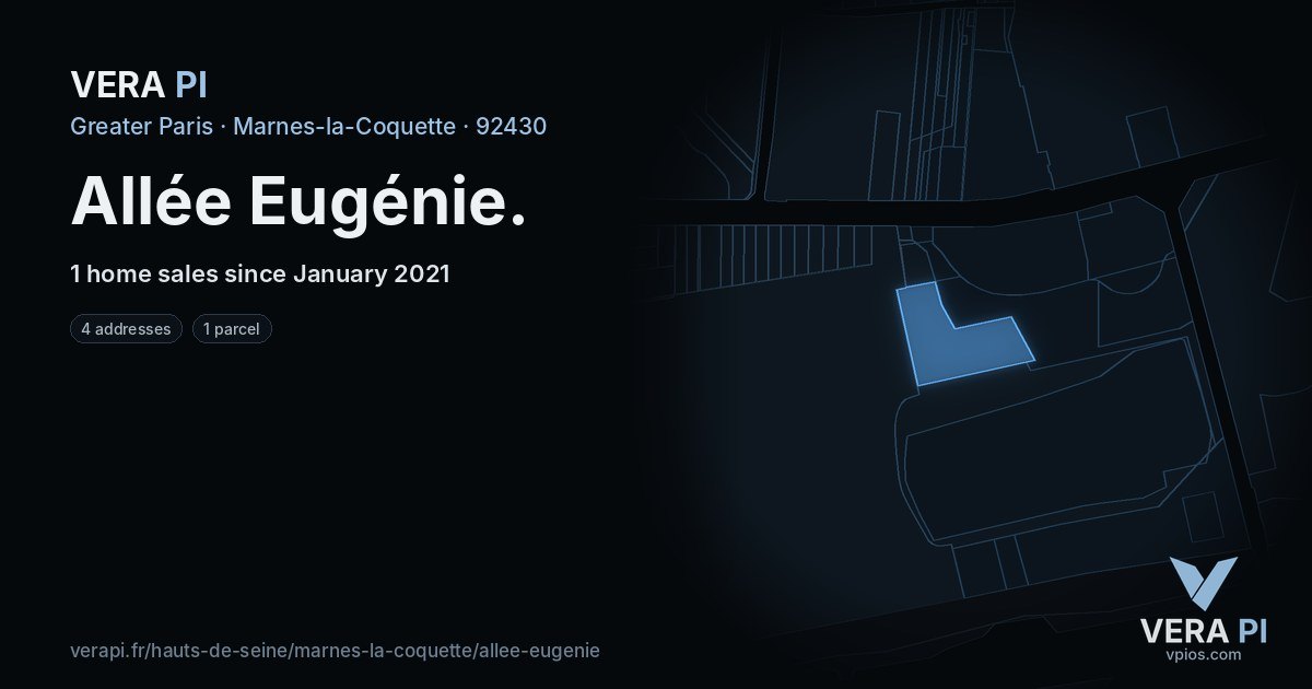 Allée Eugénie, Marnes-la-Coquette at night – every parcel coloured by the prices around it, the street's own parcels lit