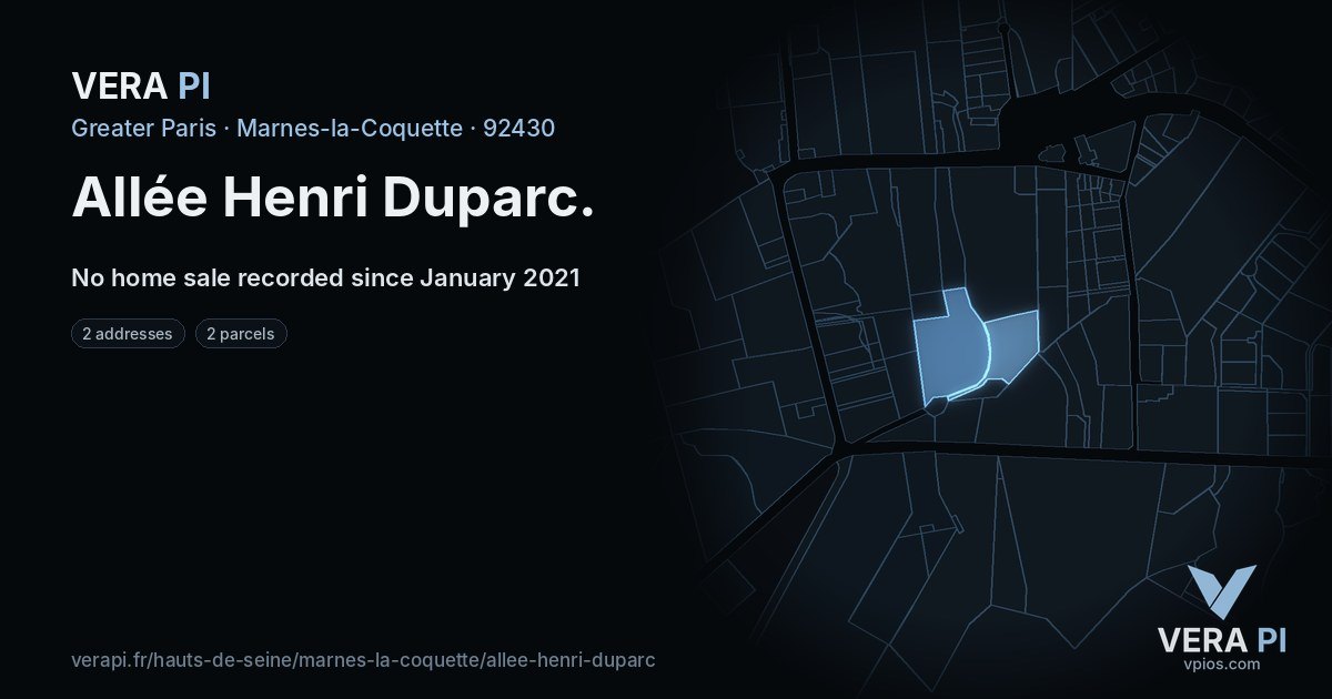 Allée Henri Duparc, Marnes-la-Coquette at night – every parcel coloured by the prices around it, the street's own parcels lit
