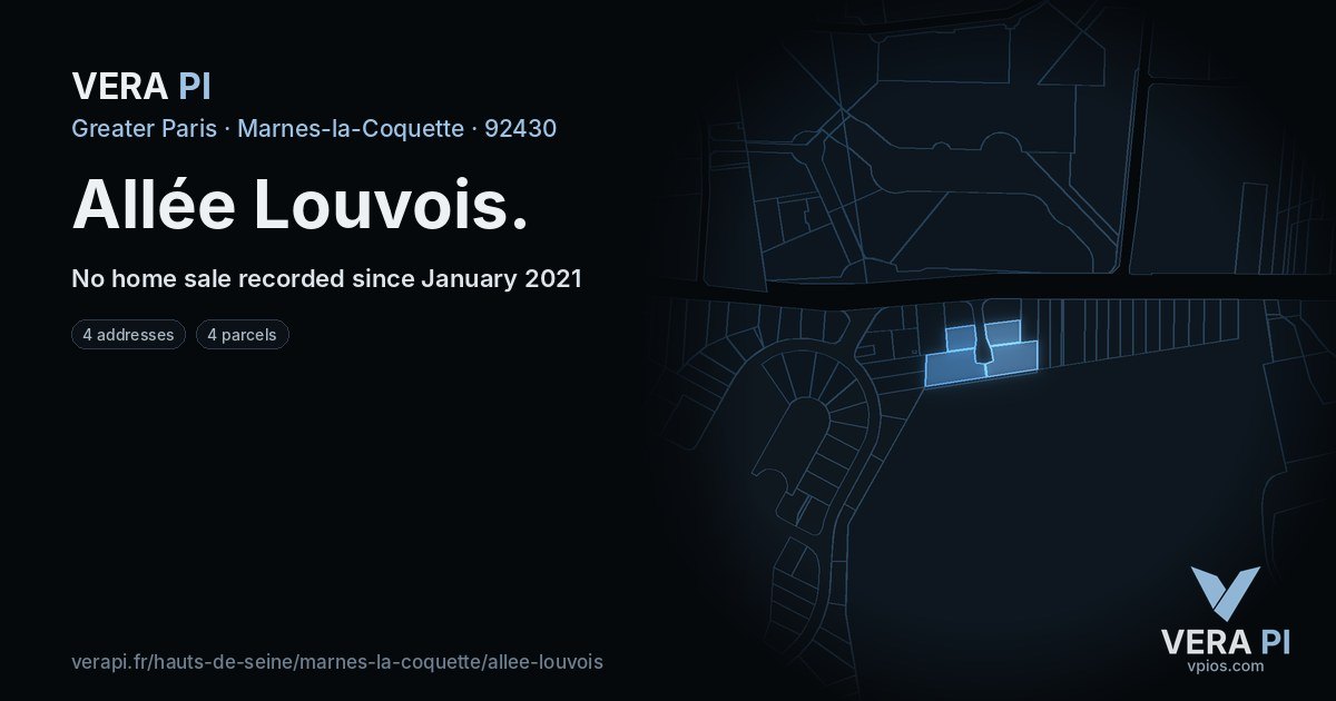 Allée Louvois, Marnes-la-Coquette at night – every parcel coloured by the prices around it, the street's own parcels lit