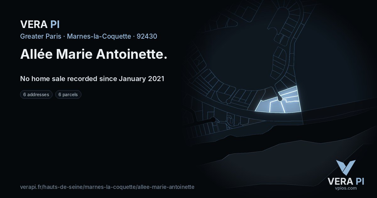 Allée Marie Antoinette, Marnes-la-Coquette at night – every parcel coloured by the prices around it, the street's own parcels lit