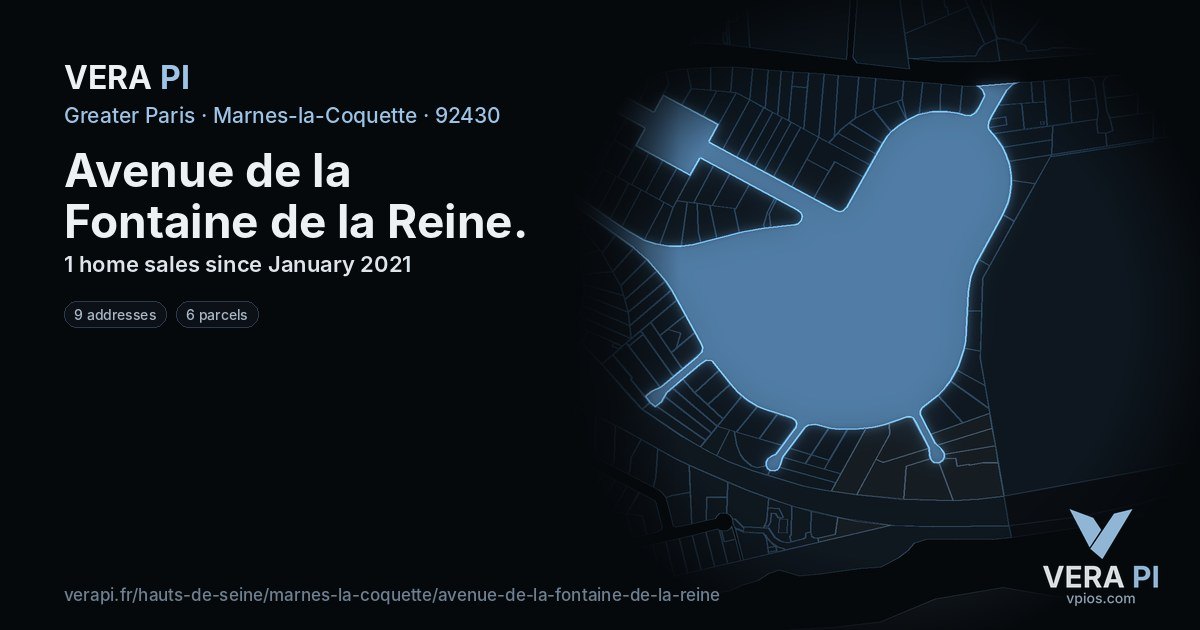 Avenue de la Fontaine de la Reine, Marnes-la-Coquette at night – every parcel coloured by the prices around it, the street's own parcels lit