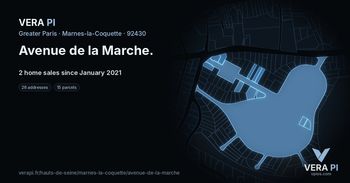 Avenue de la Marche, Marnes-la-Coquette at night – every parcel coloured by the prices around it, the street's own parcels lit