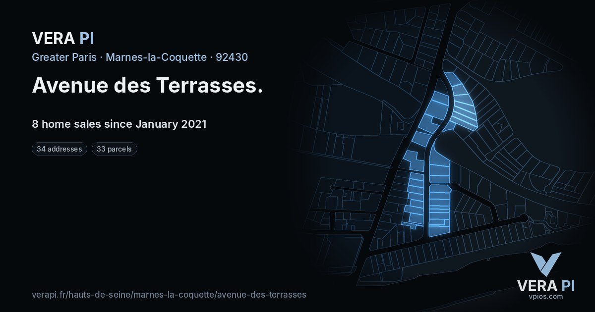 Avenue des Terrasses, Marnes-la-Coquette at night – every parcel coloured by the prices around it, the street's own parcels lit